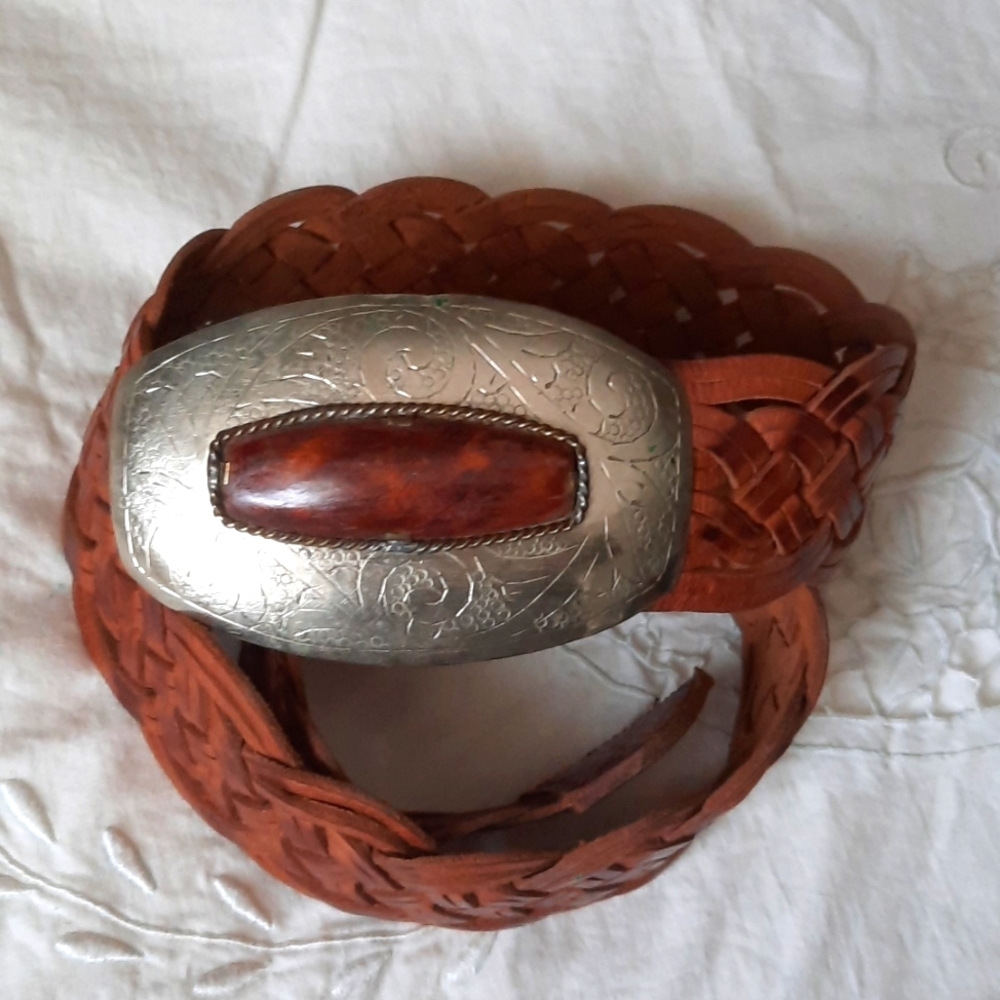 Chico's Genuine Leather belt with large statement metal buckle
